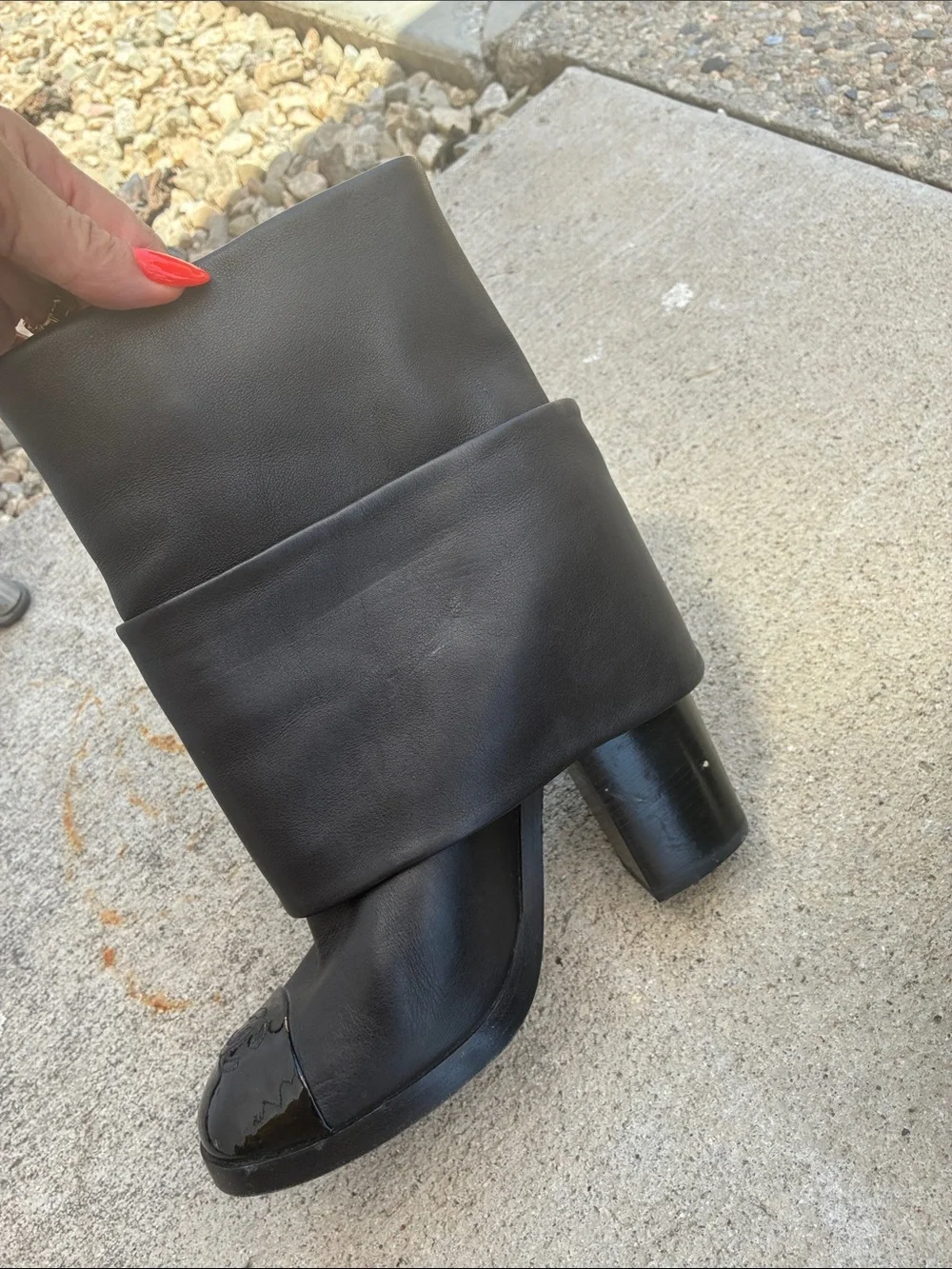 CHANEL Black Leather Fold-Over Mid-Calf Boots with Patent Cap Toe Logo
